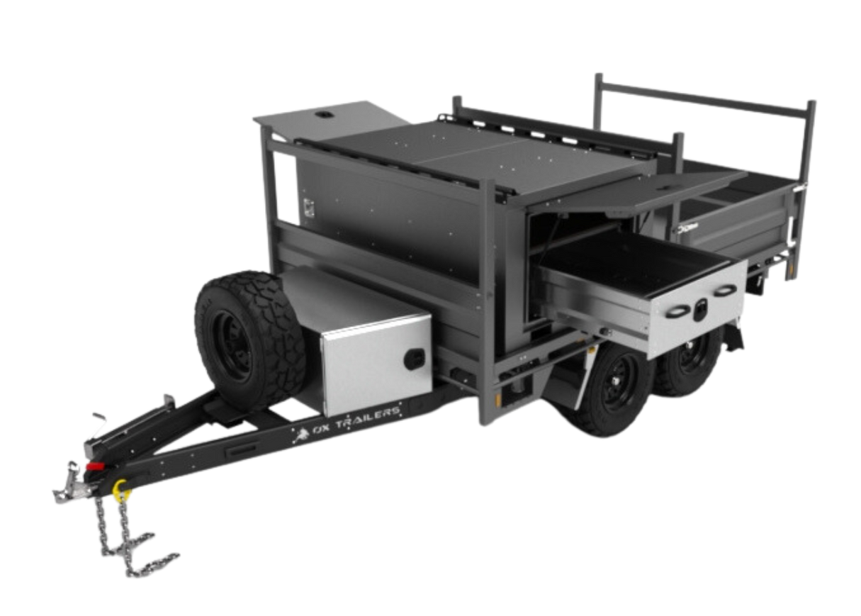 A rendering of the tipper trailer with a lift-off canopy, drawbar toolbox and ladder racks.