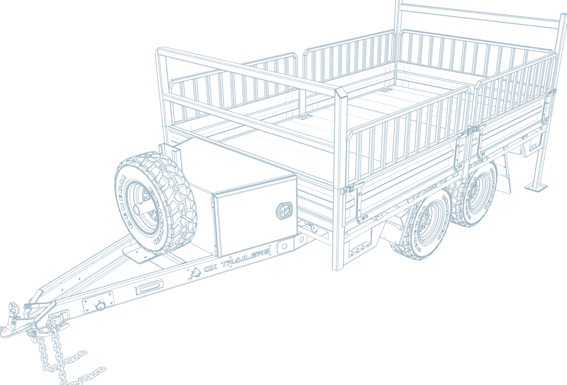 Design of 4.2m by 2.4m Flat Top Trailer with tandem axles, Headboard, Drawbar toolbox, and High-Volume Extender Dropsides.