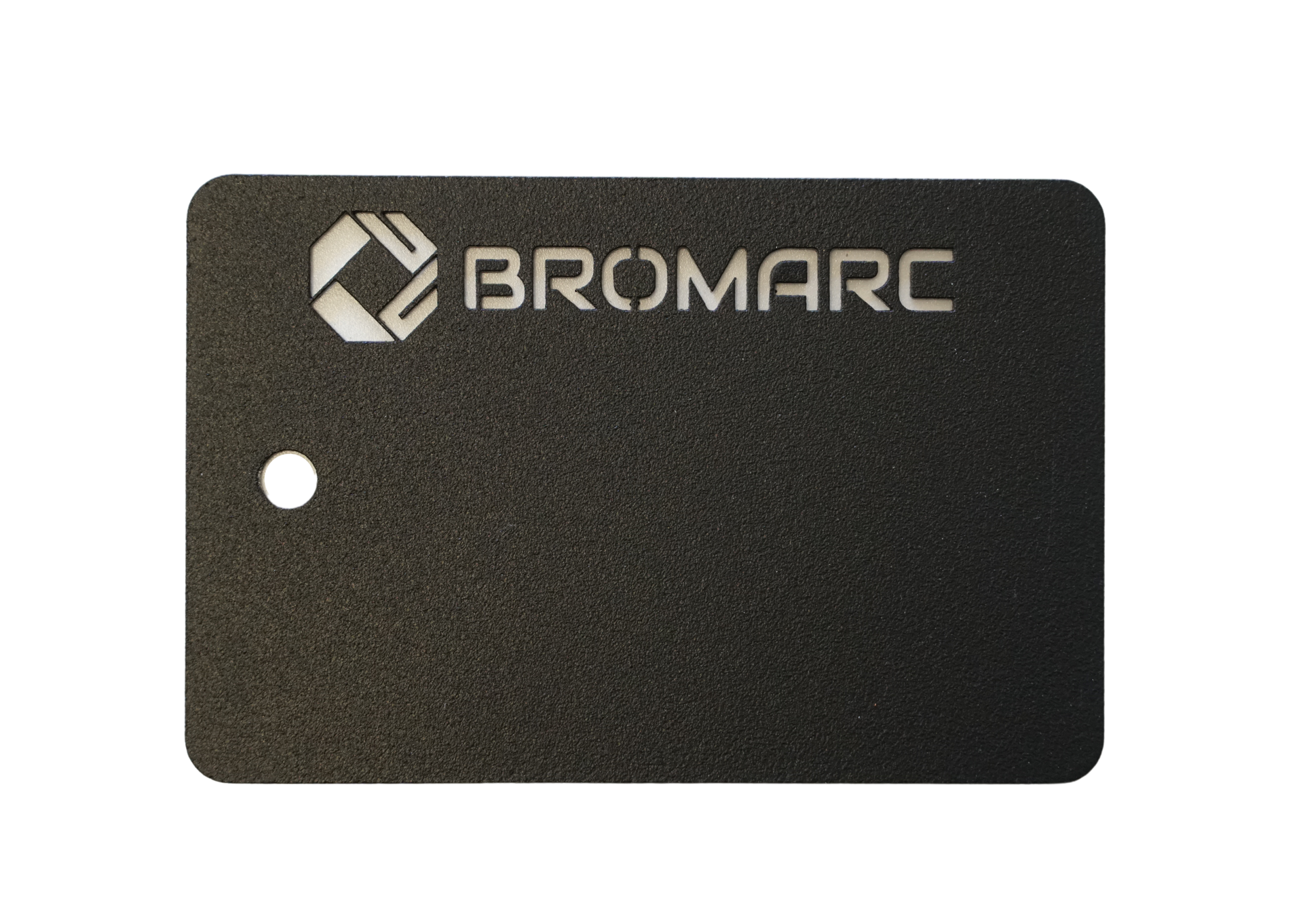 A colour sample from Bromarc Manufacturing which is called Protexture Black and has a Texture Flat finish.
