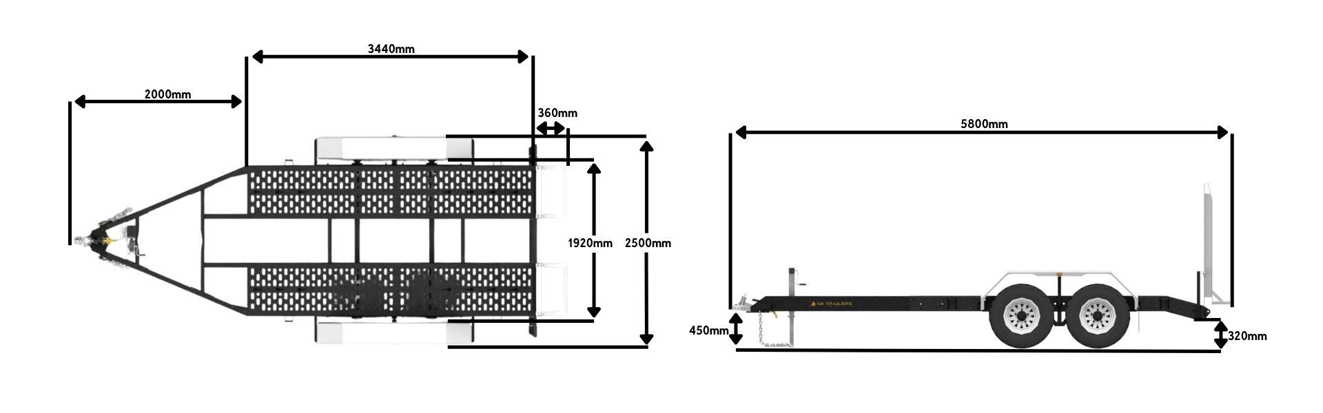 Internal and external measurements of an ox pro series plant trailer