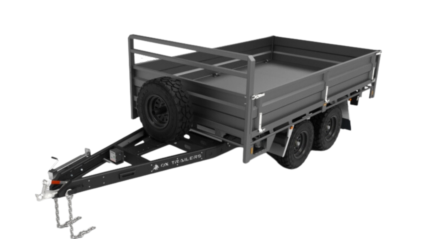 Rendering of tandem axle rear tipper trailer with a headboard and High Volume Dropsides.