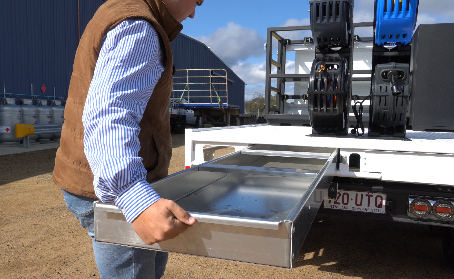Rear slide out drawer of an Ox Flat Top Trailer