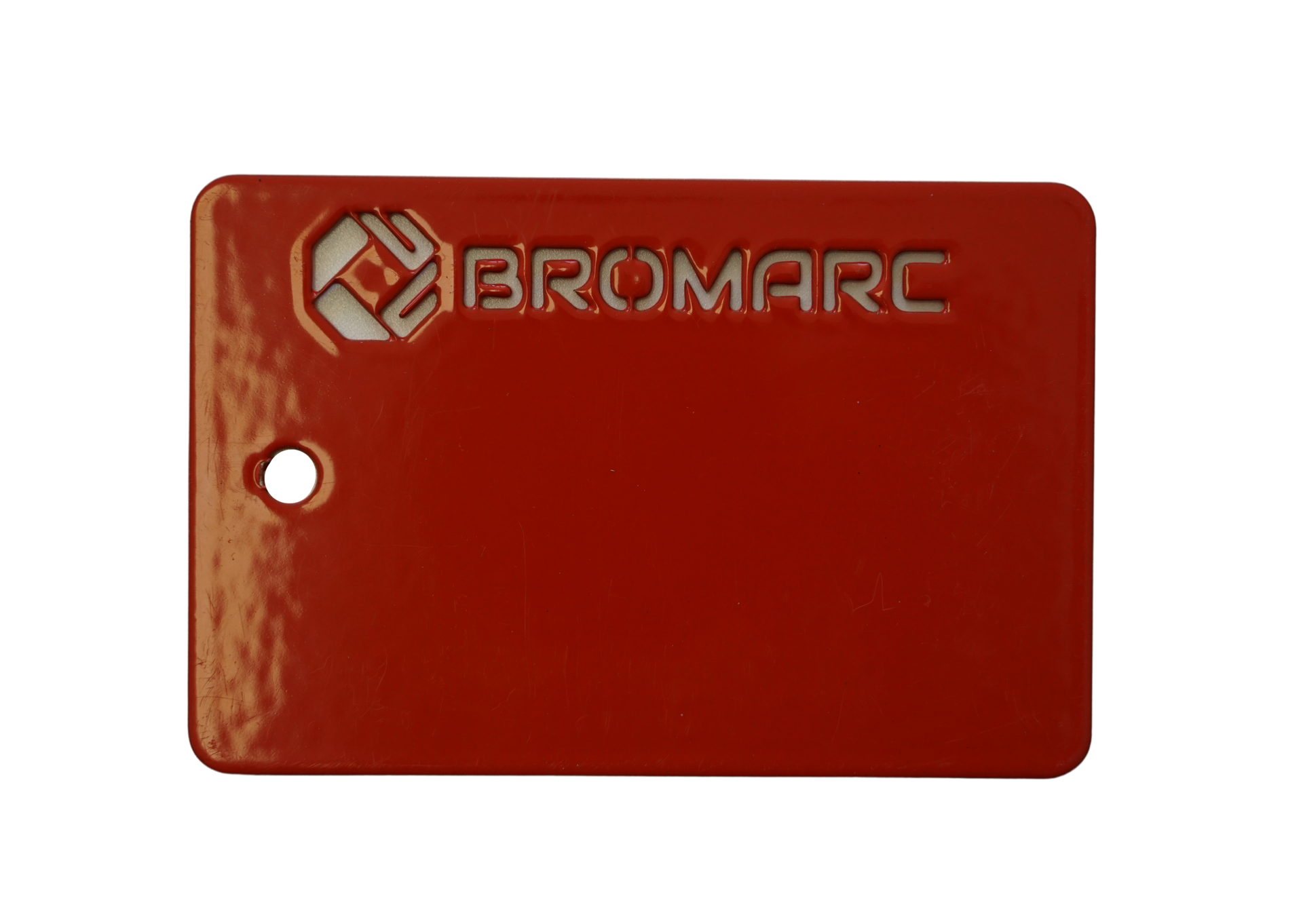 A colour sample from Bromarc Manufacturing which is called Sandvik Orange with a Gloss finish.