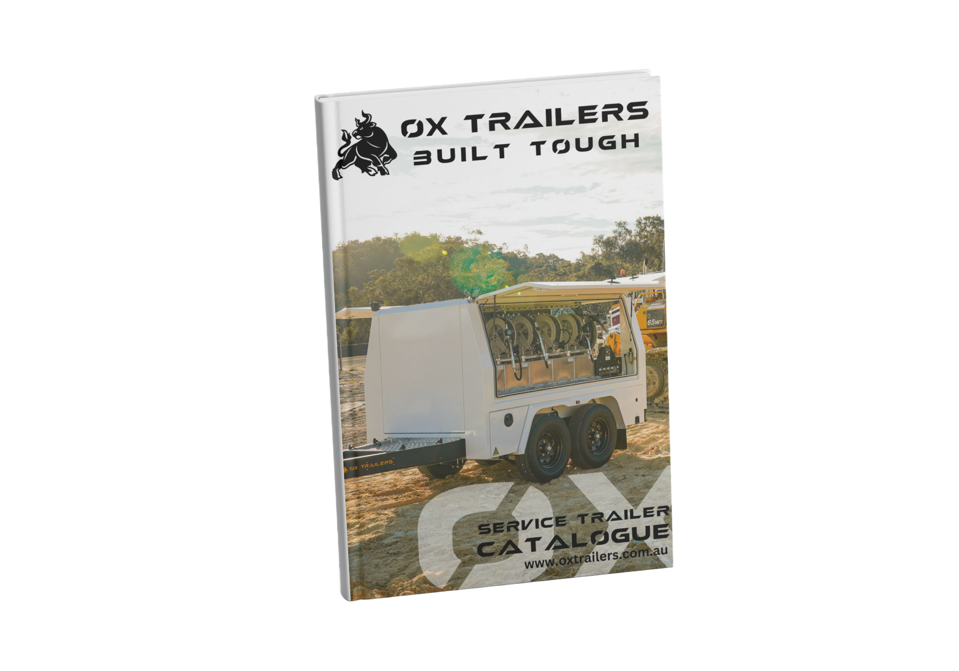 Catalogue mock up of the ox trailers service trailer catalogue, showing a heavy duty service trailer at mine site.