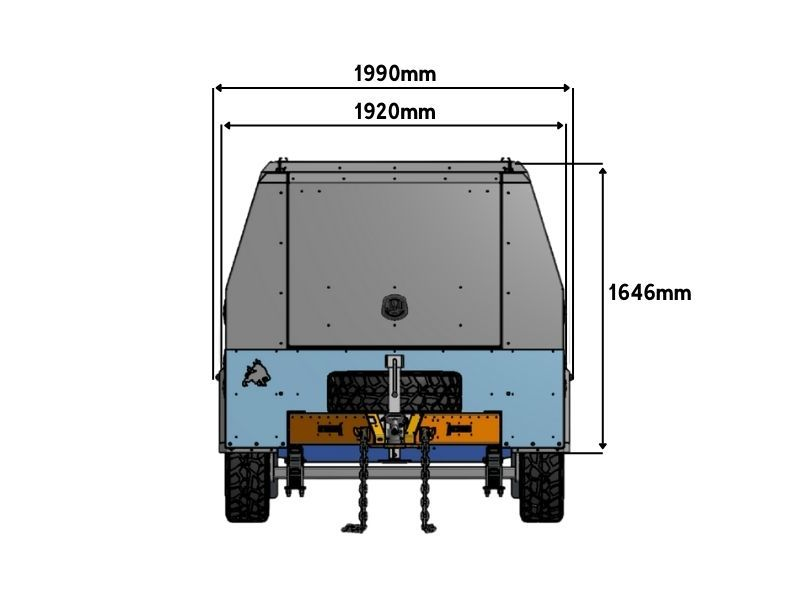 The total width of the service trailer and height of the monocoque canopy.