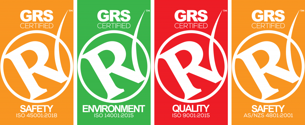 GRS Certified for Safety ISO 45001:2018, Environment ISO 14001:2015, Quality ISO 9001:2015, SAFETY AS/NZS 4801:2001 