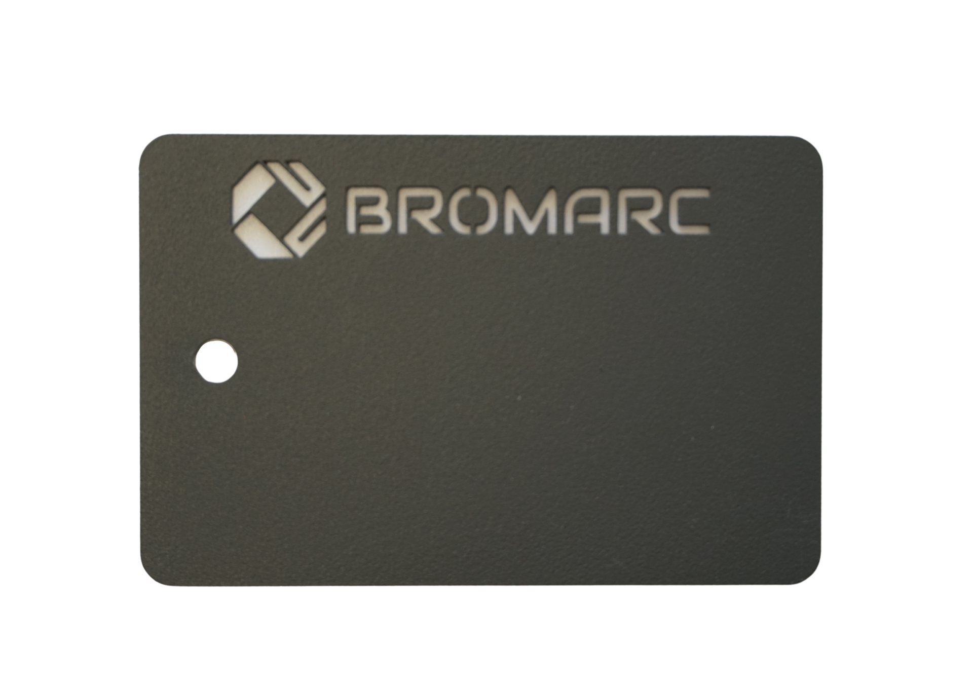 A colour sample from Bromarc Manufacturing which is called Woodland Gray and has a Texture finish.
