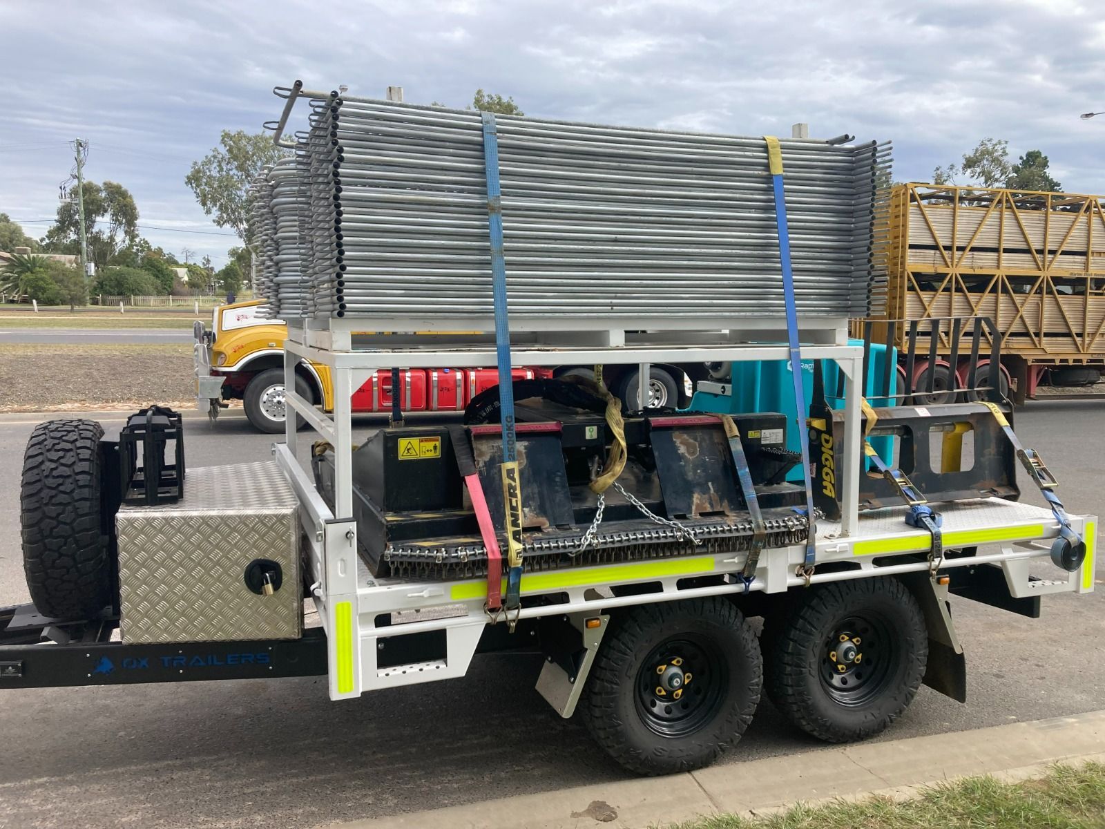The side view of the monster hire trailer with its extra frame installed.