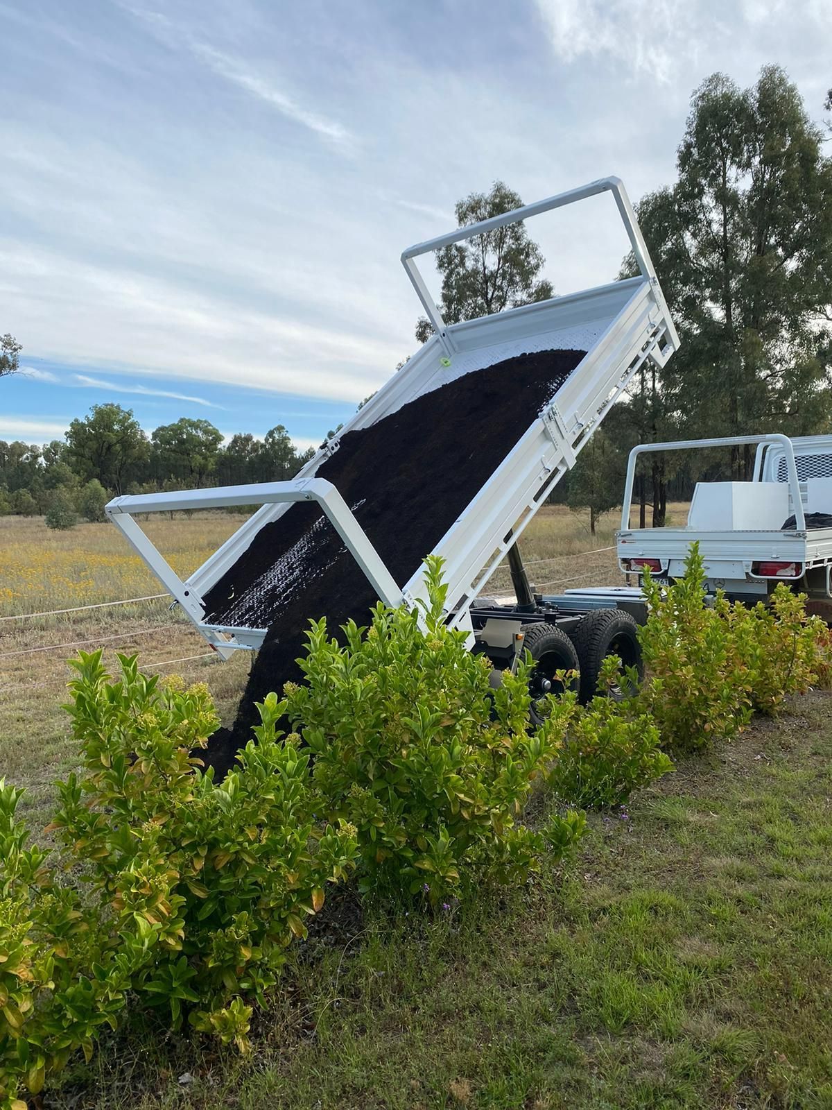 Mathew Andersons rear tipper trailer off-loading fertiliser into a garden.