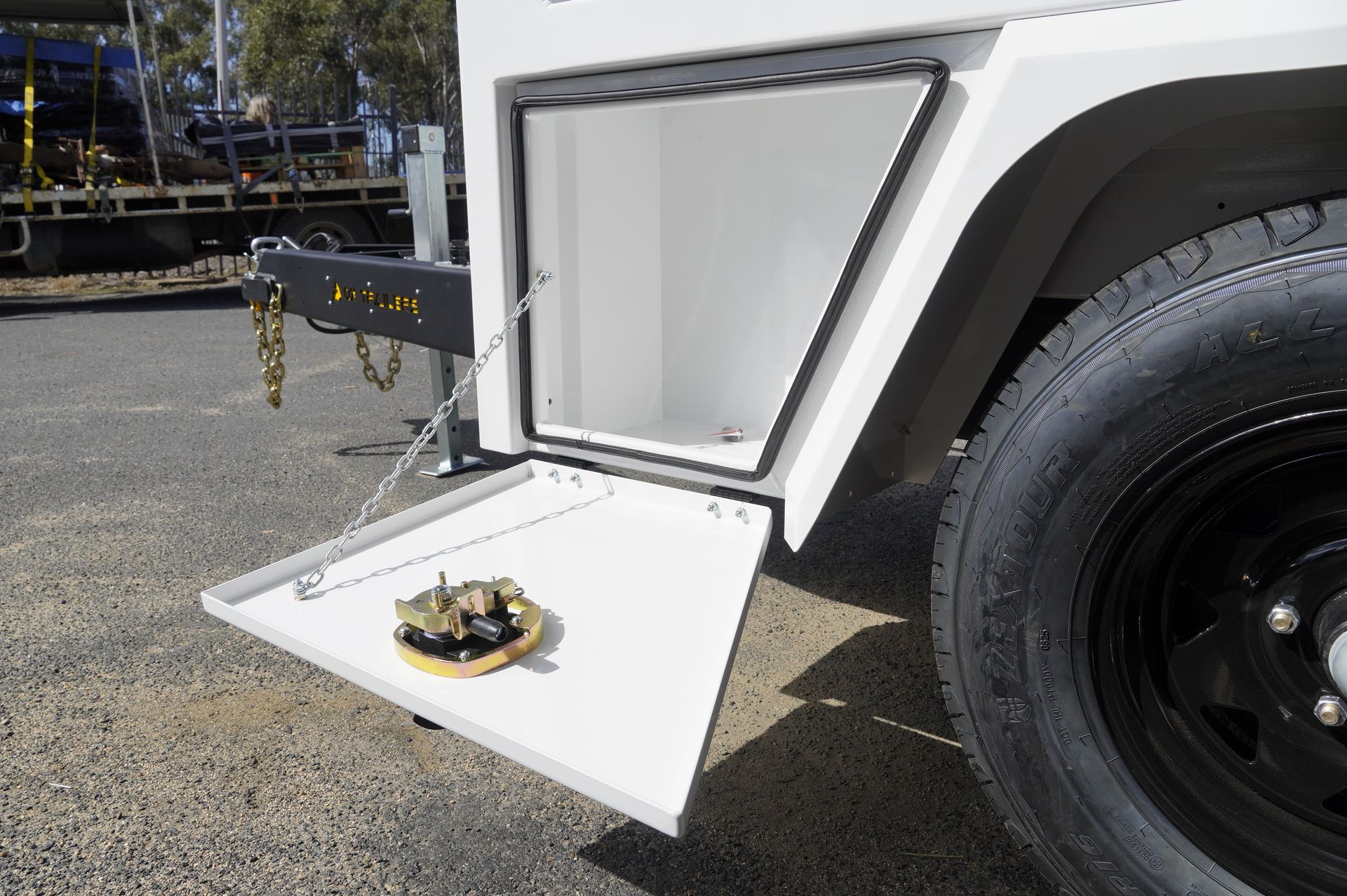 tapered Underbody Toolbox of ox service trailer for equipment storage on mine sites.