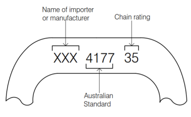 Safety chain markings show name, rating and Australian standard.