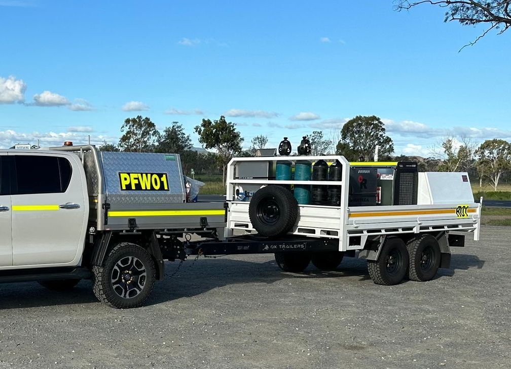 Mining trailer for mobile welder with signwriting, gas fittings and toolboxes