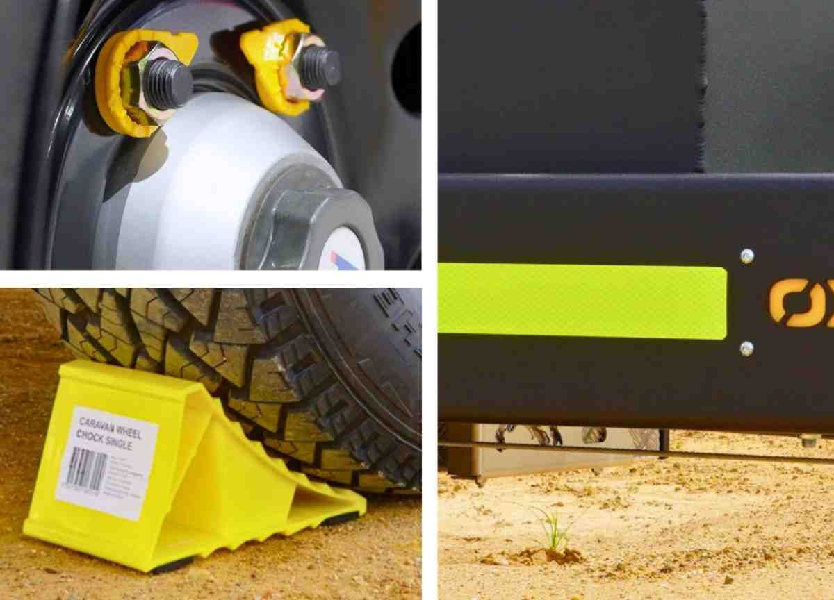 Wheel chock set under the light truck tyres of a heavy duty mobile boilermakers trailer.