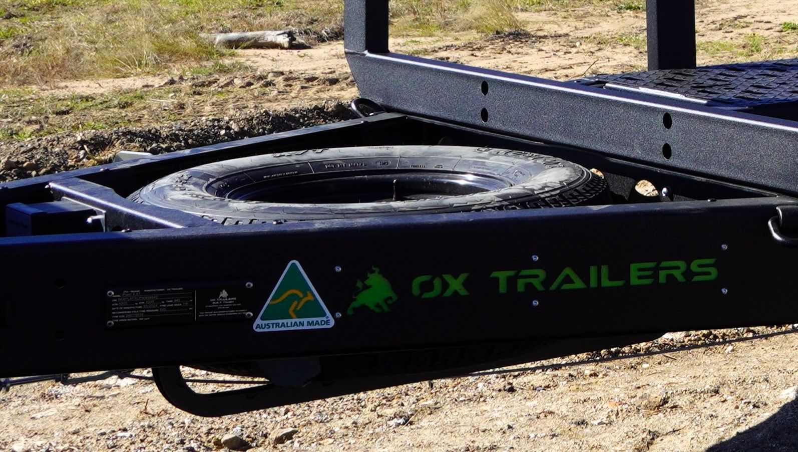 The spare wheel carrier on a plant trailer.