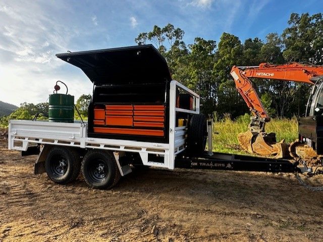 Mining trailer for mobile welder with signwriting, gas fittings and toolboxes