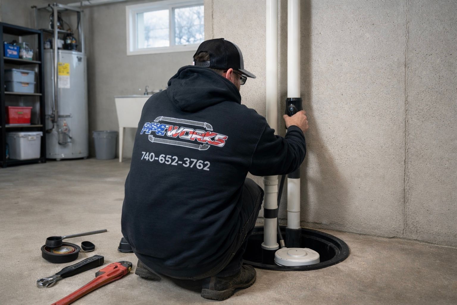 Residential sump pump installed in a Central Ohio basement, prepared for spring thaw and seasonal groundwater.