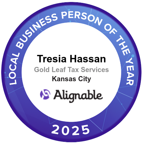 Badge: Tresia Hassan, Gold Leaf Tax Services in Kansas City, is Local Business Person of the Year 2025 by Alignable.