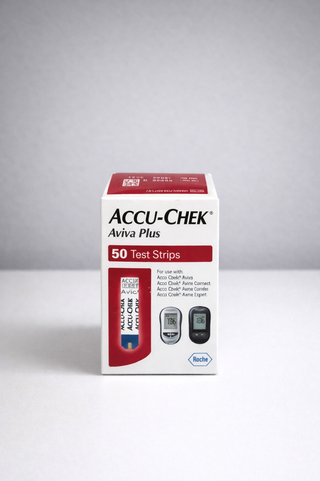 Box of Accu-Chek Aviva Plus test strips, white box with red and black text and graphics, on white surface.