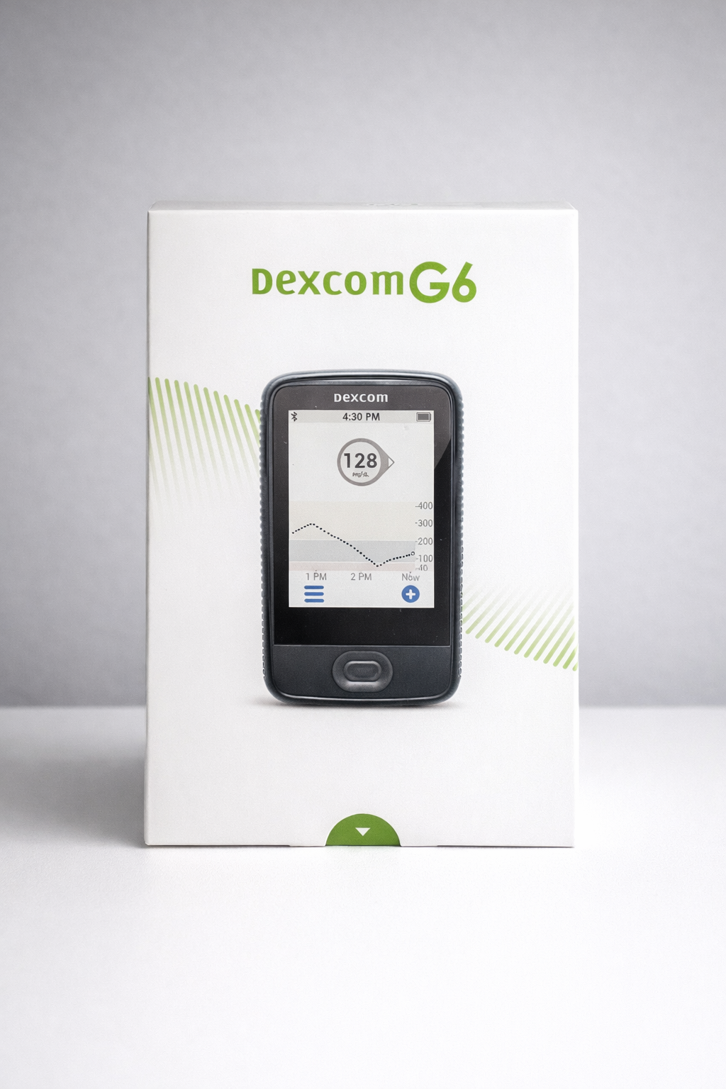 Dexcom G6 continuous glucose monitoring system receiver, black device on white box with green accents.