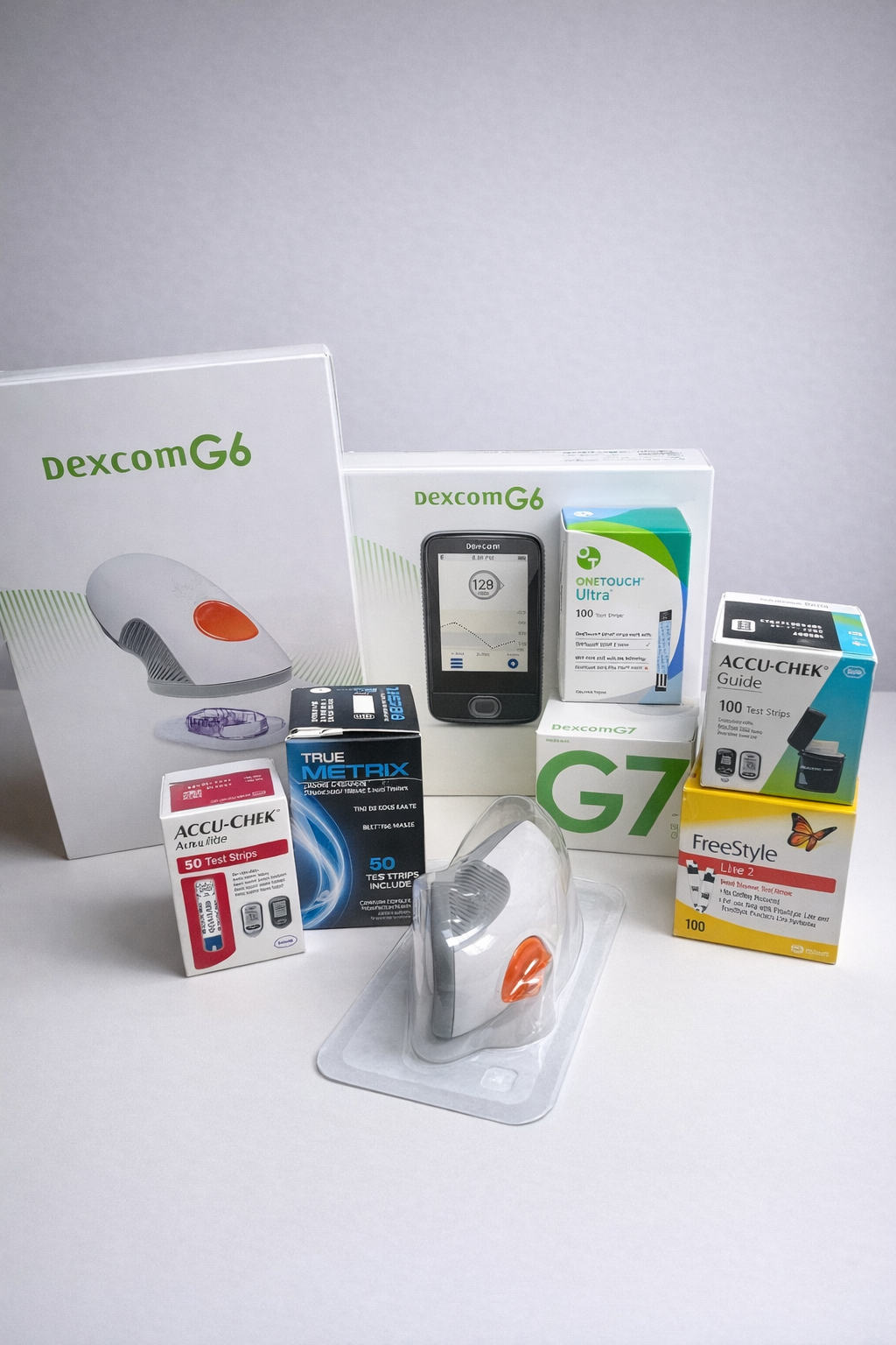 Diabetes monitoring devices and supplies: Dexcom G6, G7, meter, test strips.