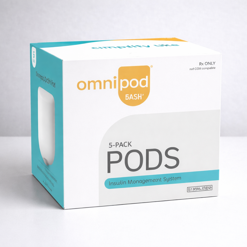Box of OmniPod DASH pods, white with blue and orange accents. Insulin management system.