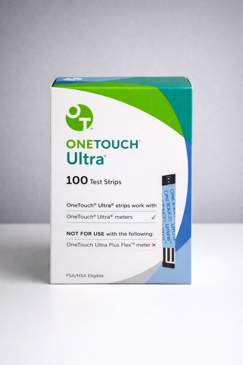 Box of OneTouch Ultra test strips, white box with green and blue accents, containing 100 test strips.