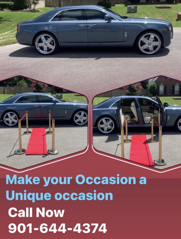 gray sedan with accessibility ramp display and text, “Make your Occasion a Unique occasion. Call Now 901-644-4374”