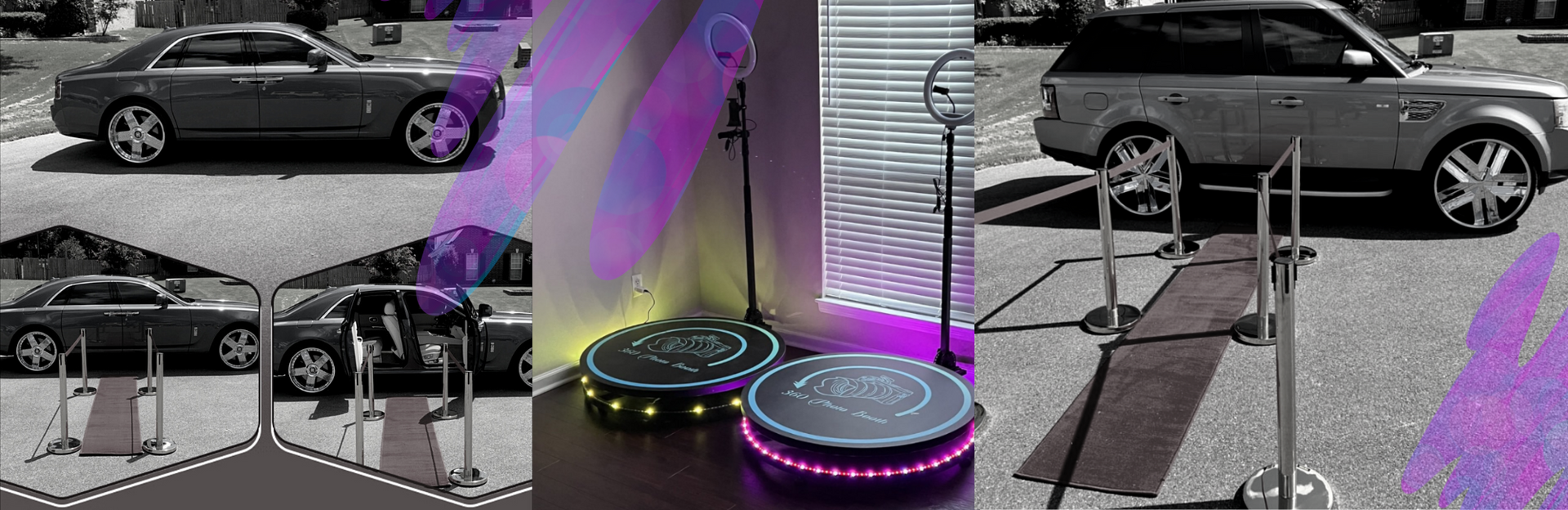 Collage of a black car and two illuminated smart speakers on a table with a charging cable