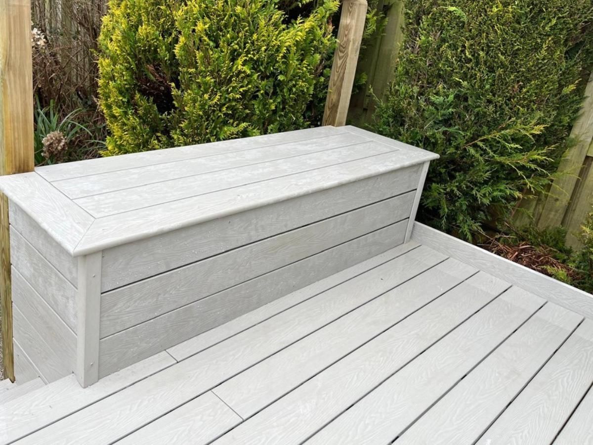 Zest Decking Dinnington - light grey composite decking made into a storage seat