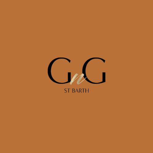 A logo for gg st barth on a brown background