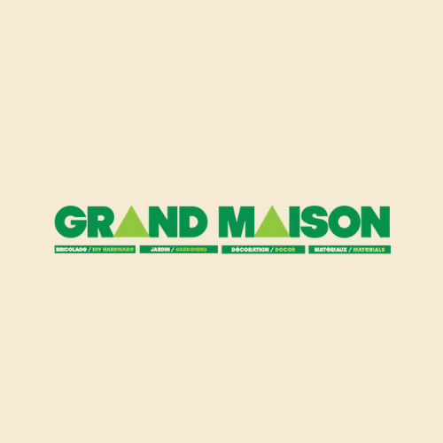 The grand maison logo is green and white on a beige background.