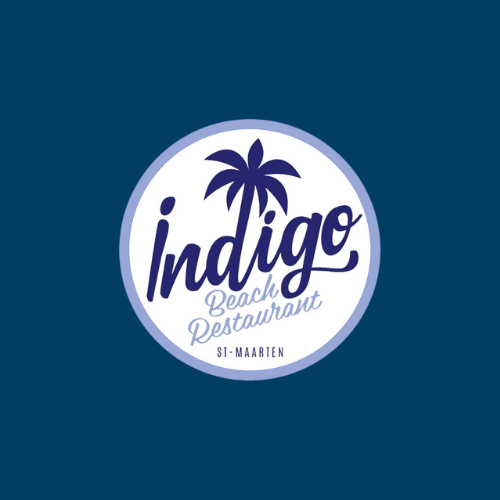 A logo for indigo beach restaurant on a blue background