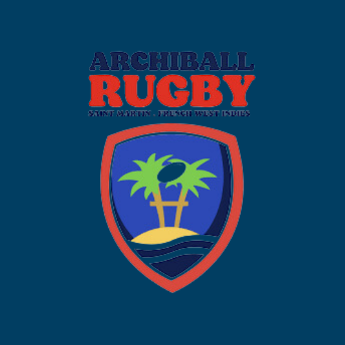 A logo for archiball rugby with a palm tree and a rugby ball