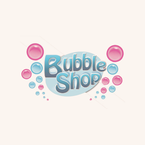 A logo for a bubble shop with bubbles on a white background.