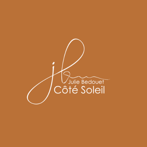 A logo for julie bedouet cote soleil on a brown background