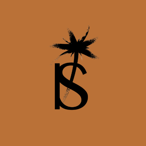 The letter s is next to a palm tree on a brown background.