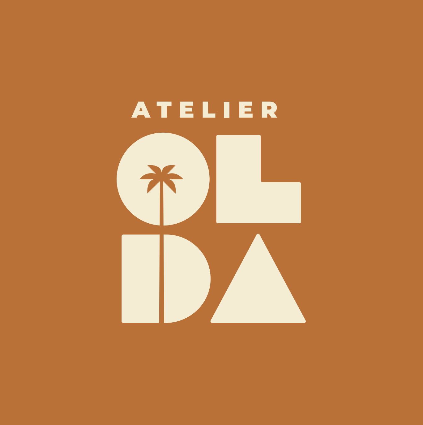 A logo for atelier ol da with a palm tree on a brown background.