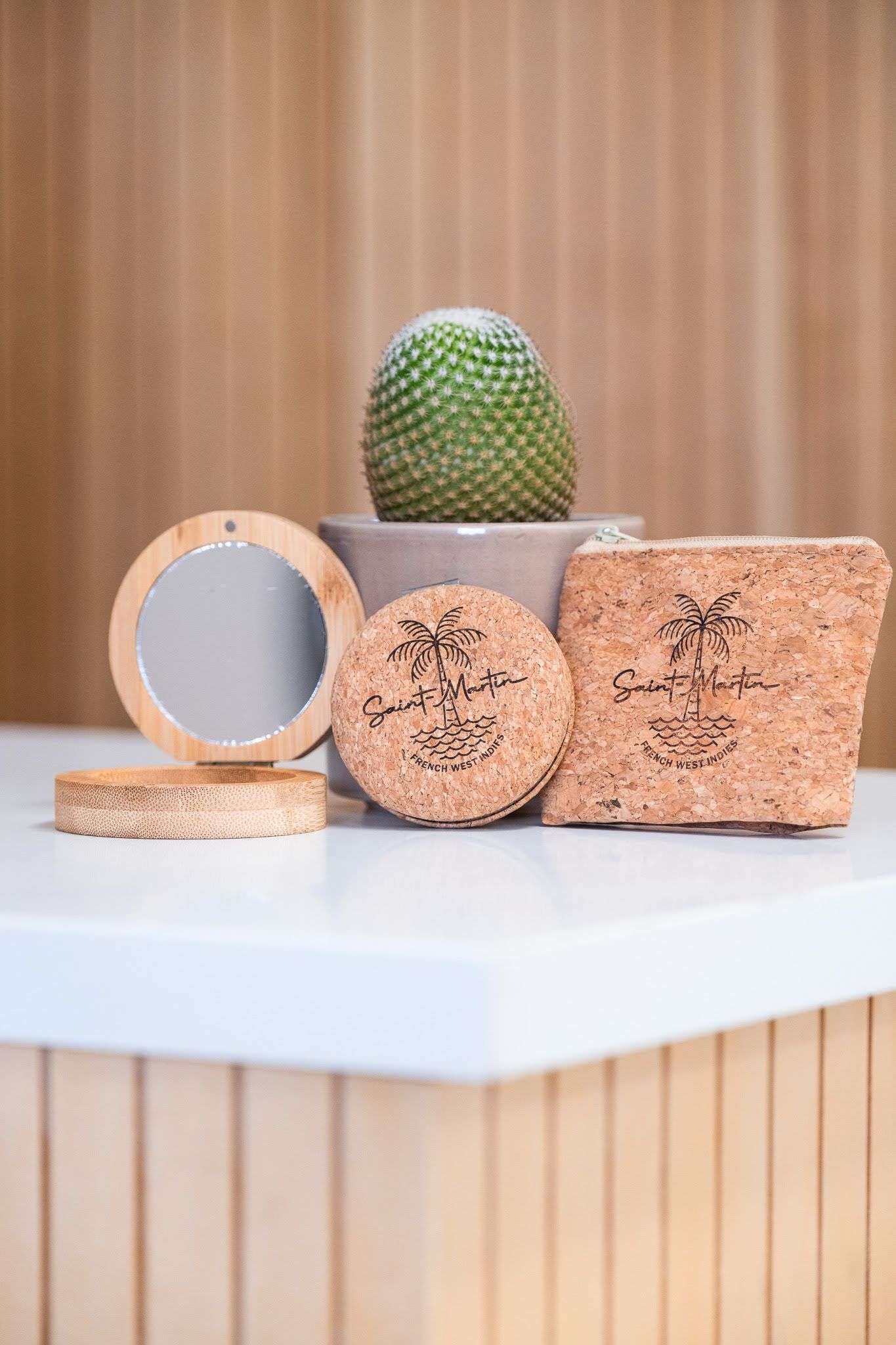 Un cactus est posé sur une table à côté d'un miroir et de sous-verres en liège.