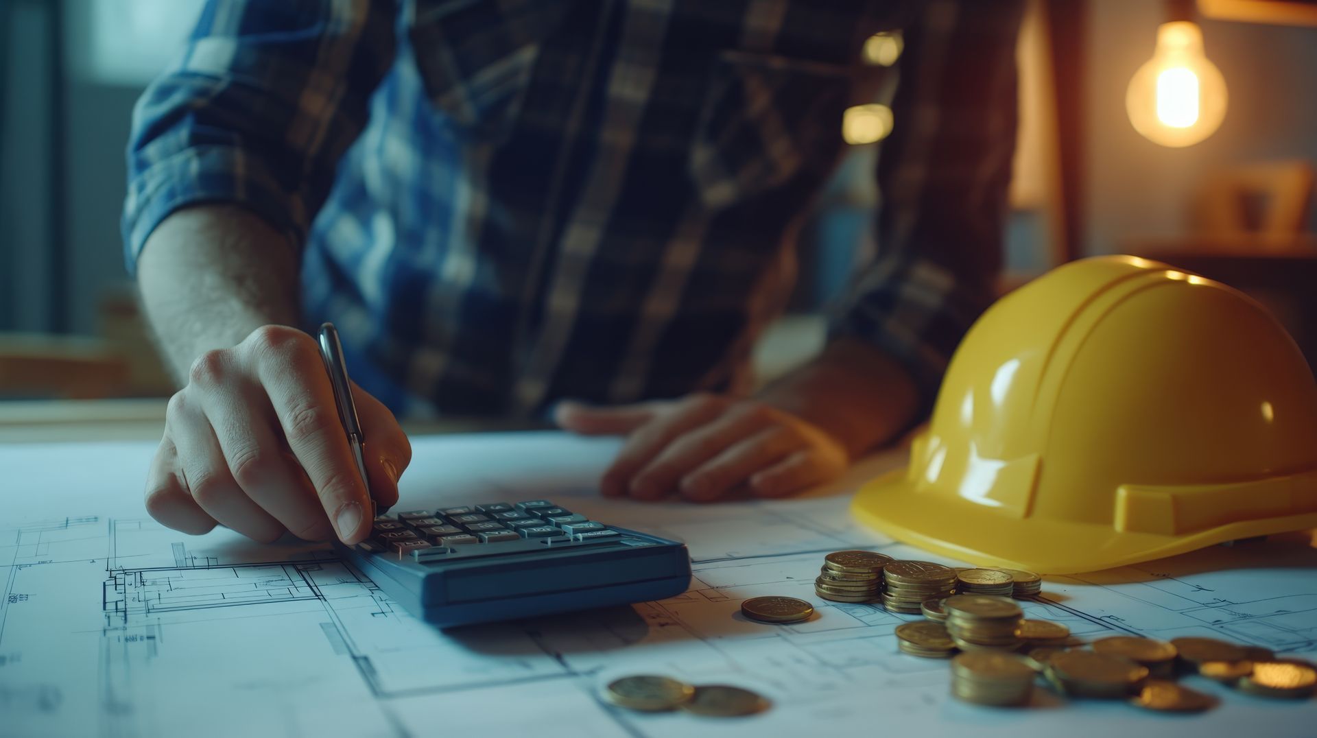 A man is using a calculator next to a hard hat and coins.