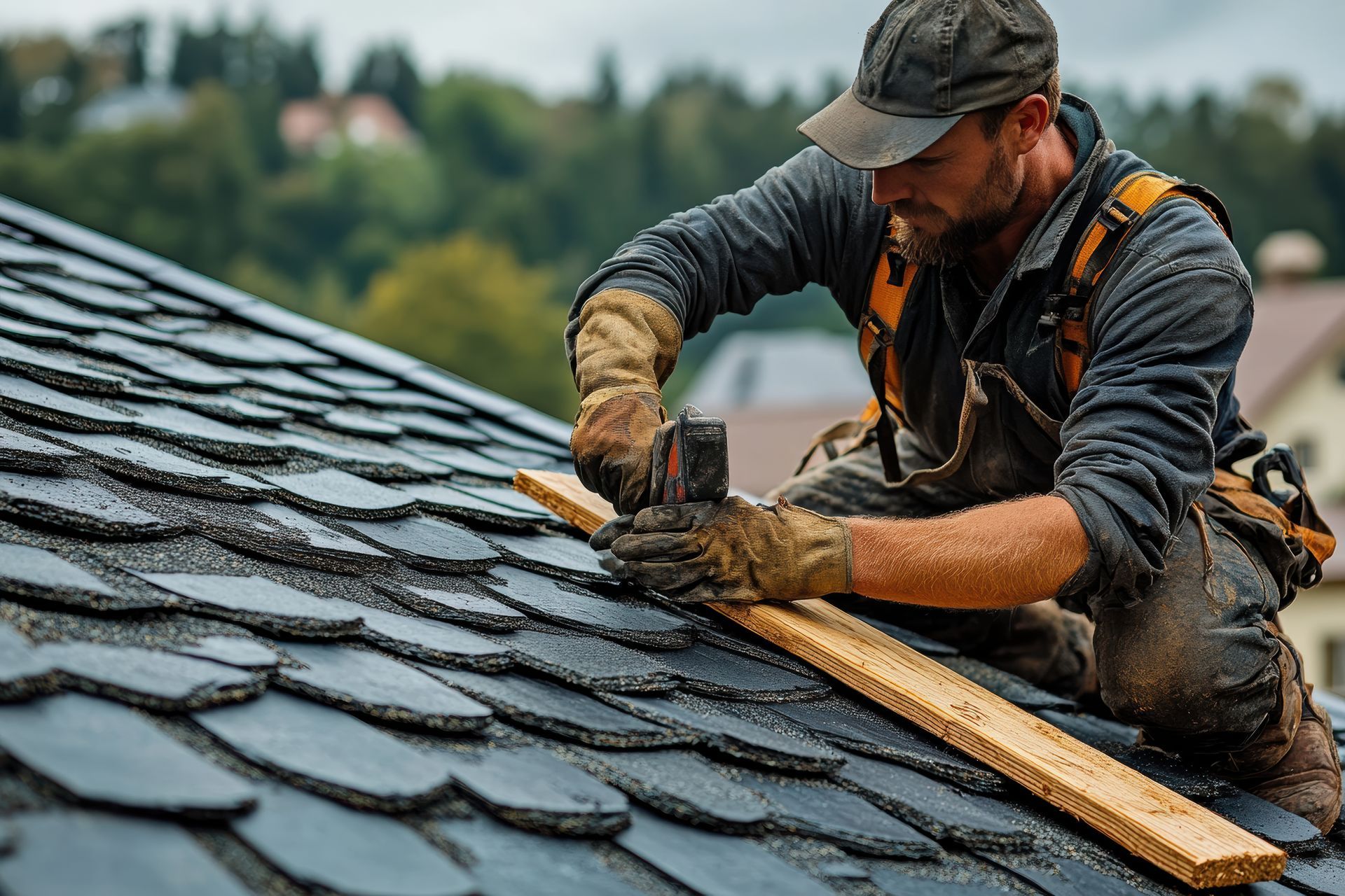 A man is working on a roof with slate tiles.