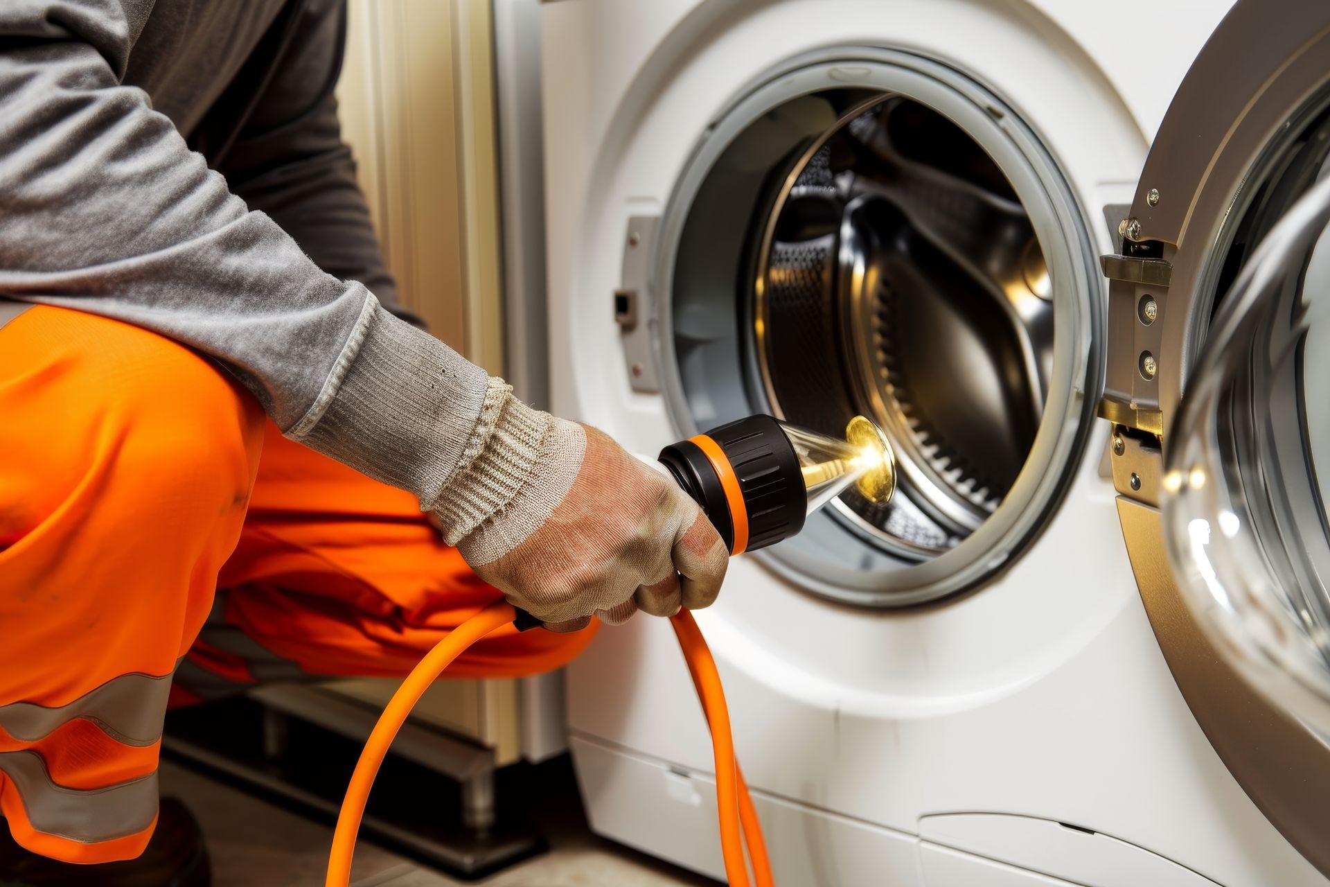 A man is kneeling down next to a washing machine while holding an orange cord.