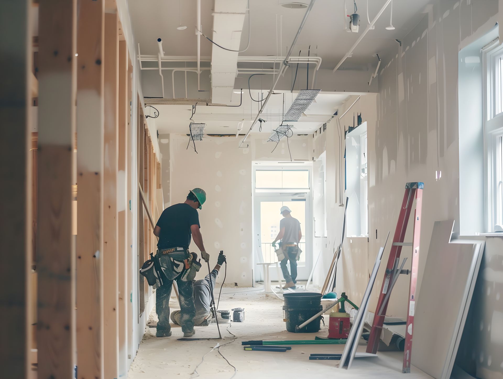 A man is standing in a hallway of a building under construction.