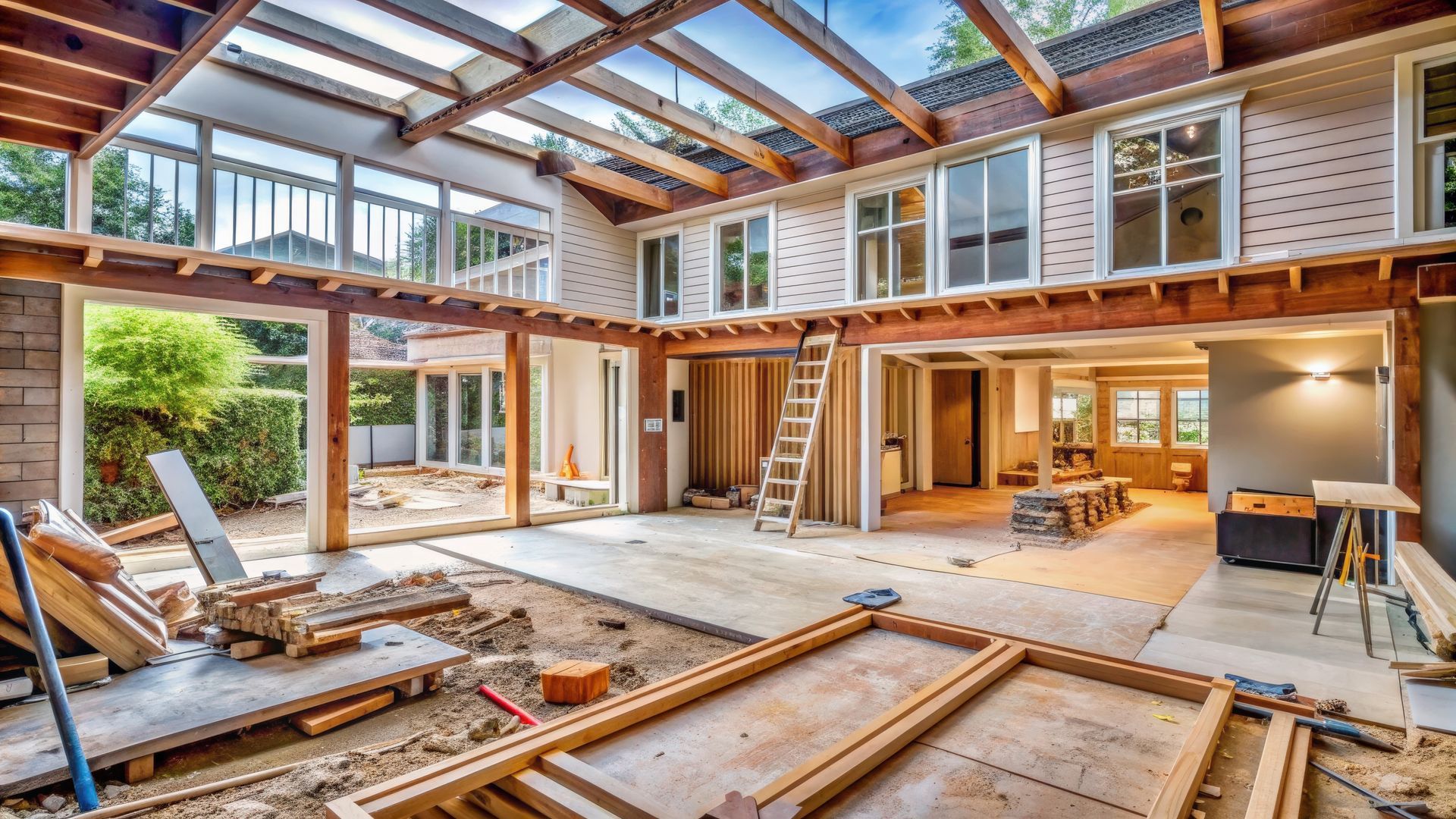A large house is being remodeled with a lot of windows and wooden beams.