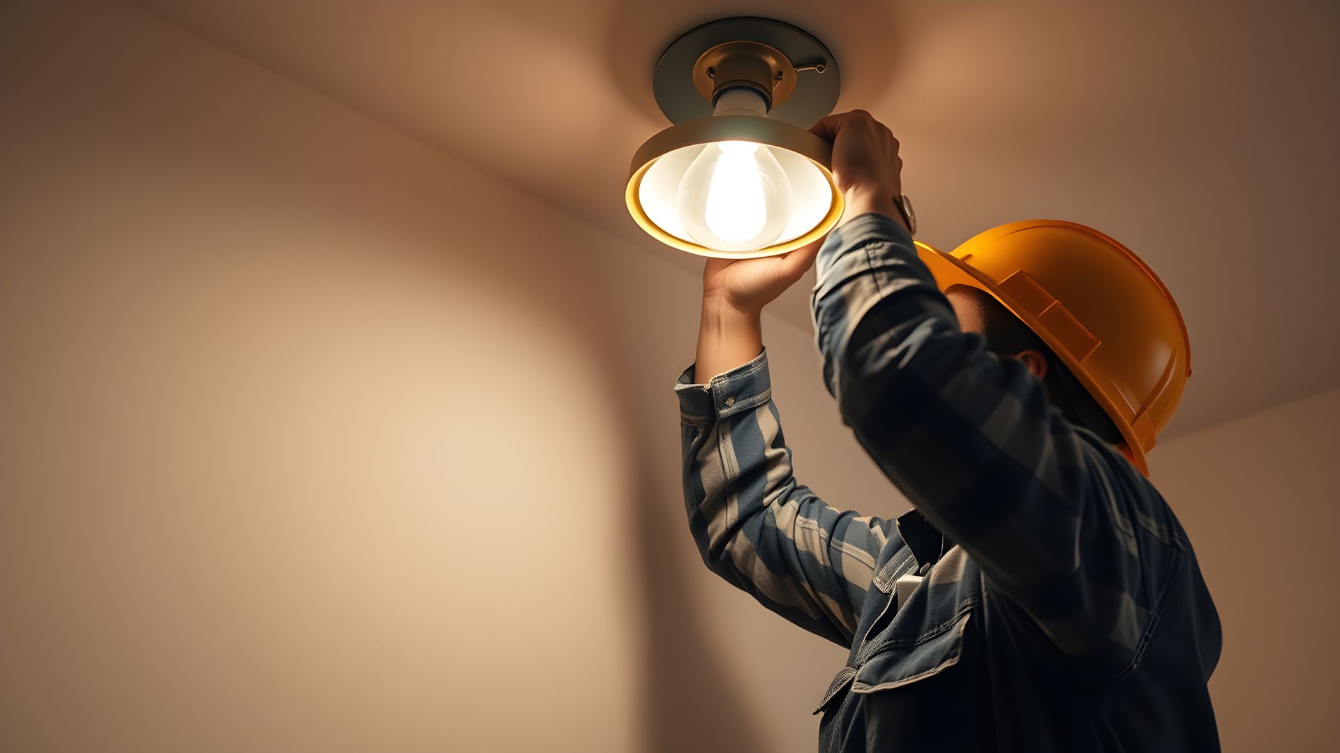 A man is installing a light bulb on the ceiling.