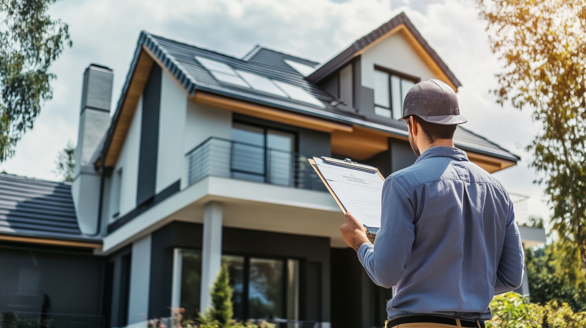A man is standing in front of a house holding a clipboard.