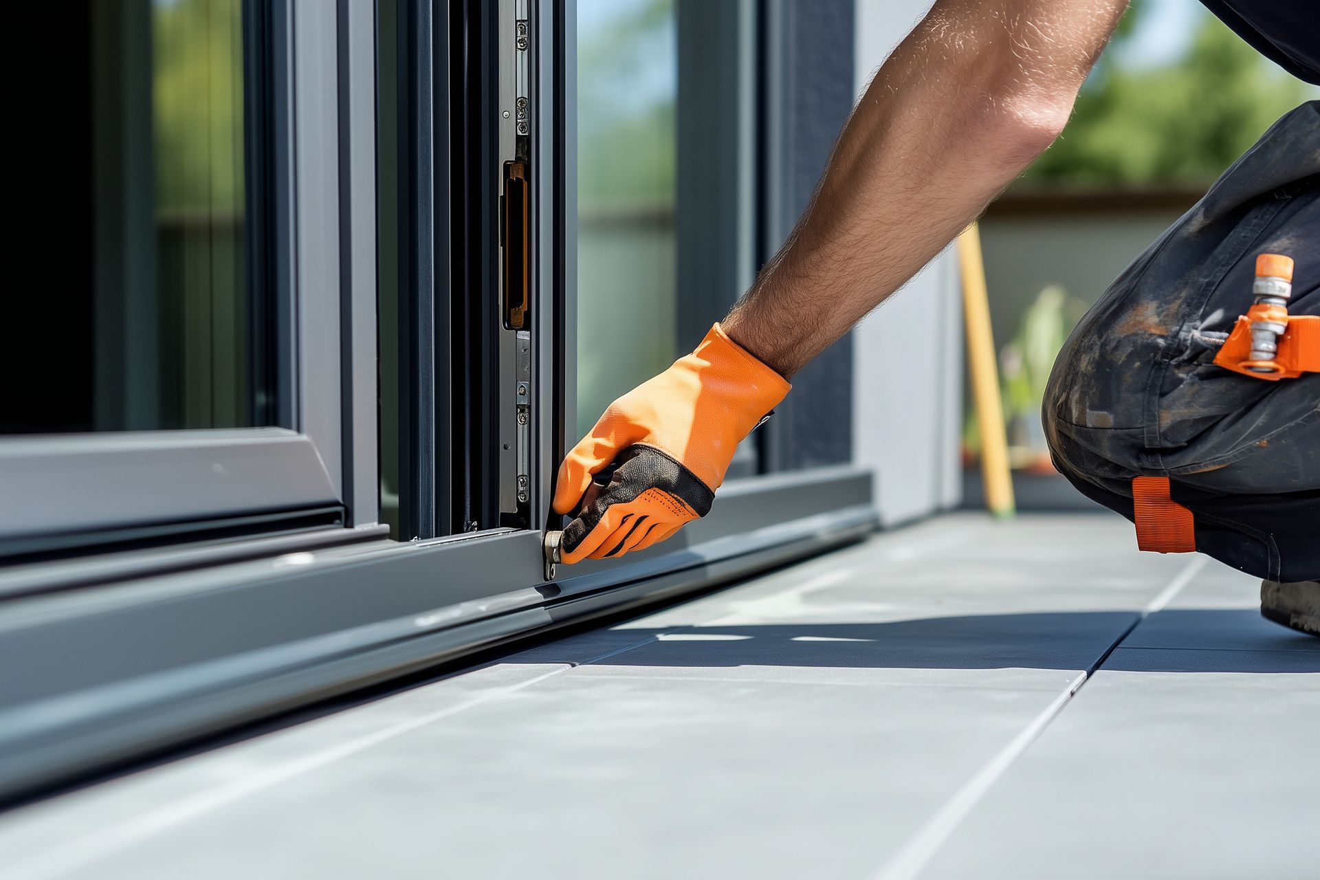A man wearing orange gloves is working on a sliding glass door.