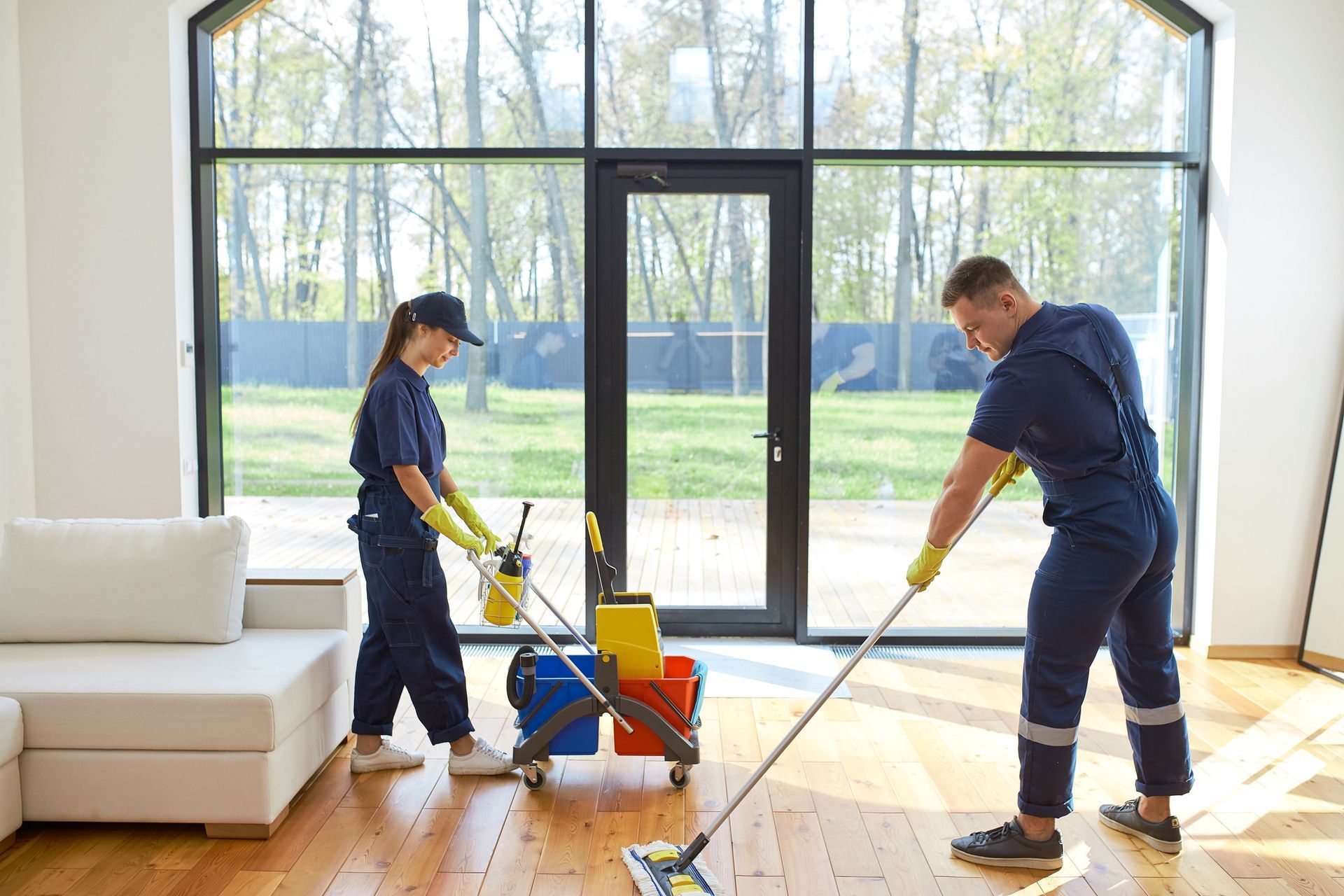 Two cleaning professionals in blue coveralls mop a bright room with a large window.