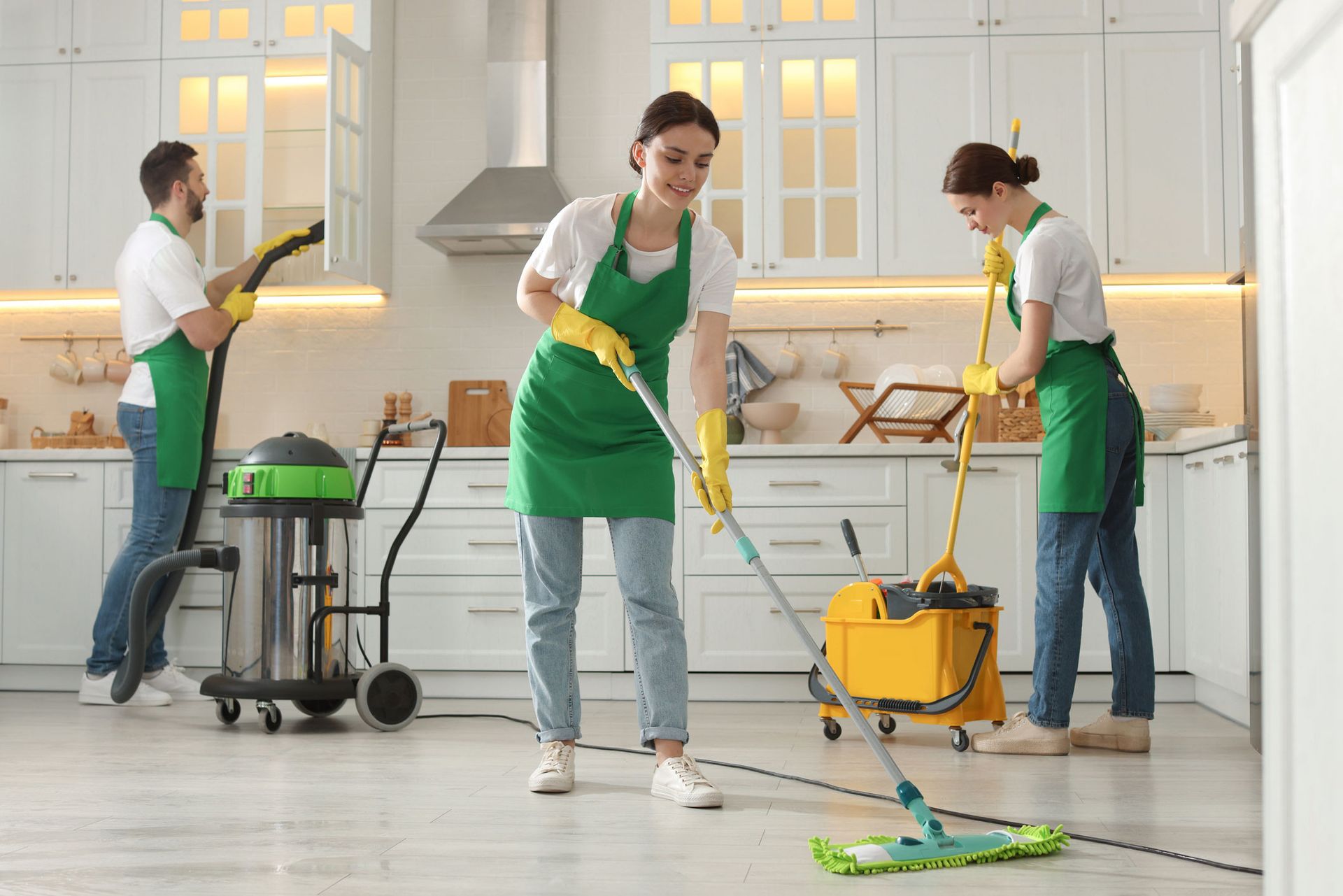 Cleaning crew in a bright kitchen; one vacuums, one mops, and one cleans a cabinet. 