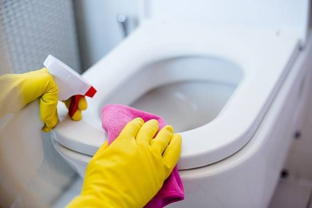 Person wearing yellow gloves sprays and wipes a white toilet seat with a pink cloth.