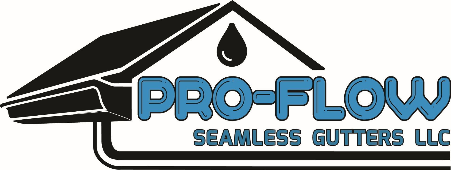 Logo for Pro-Flow Seamless Gutters LLC, featuring a blue text design under a black roof icon with a water droplet.